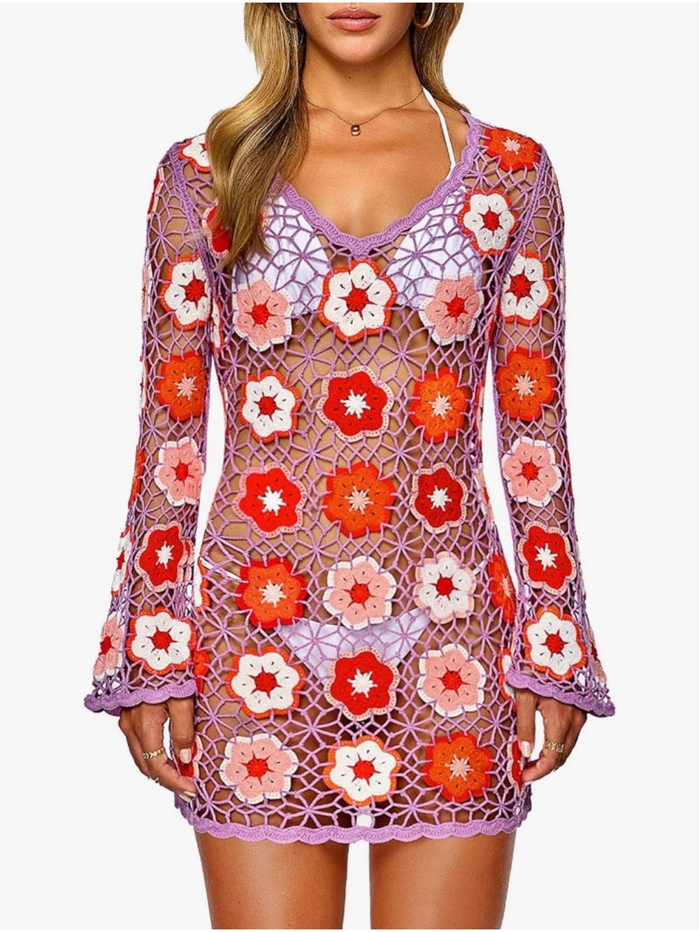 Crochet Floral Beach Cover-Up Dress - Lavender & Red